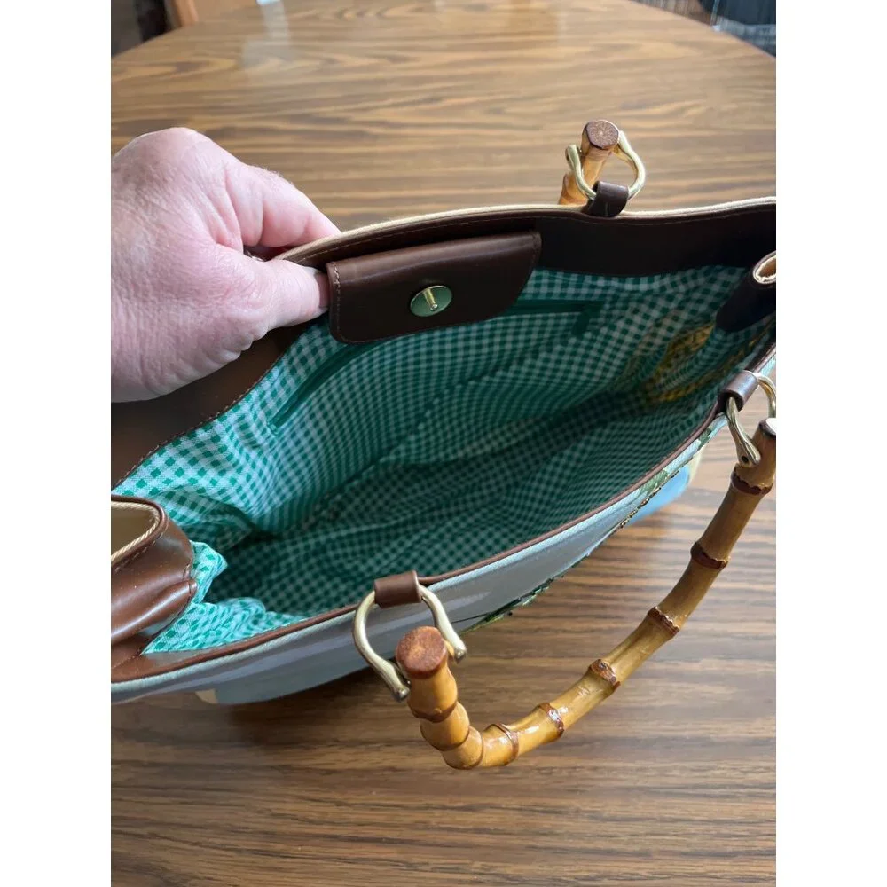 Frog beaded bamboo look handled tote bag - Picture 3 of 10